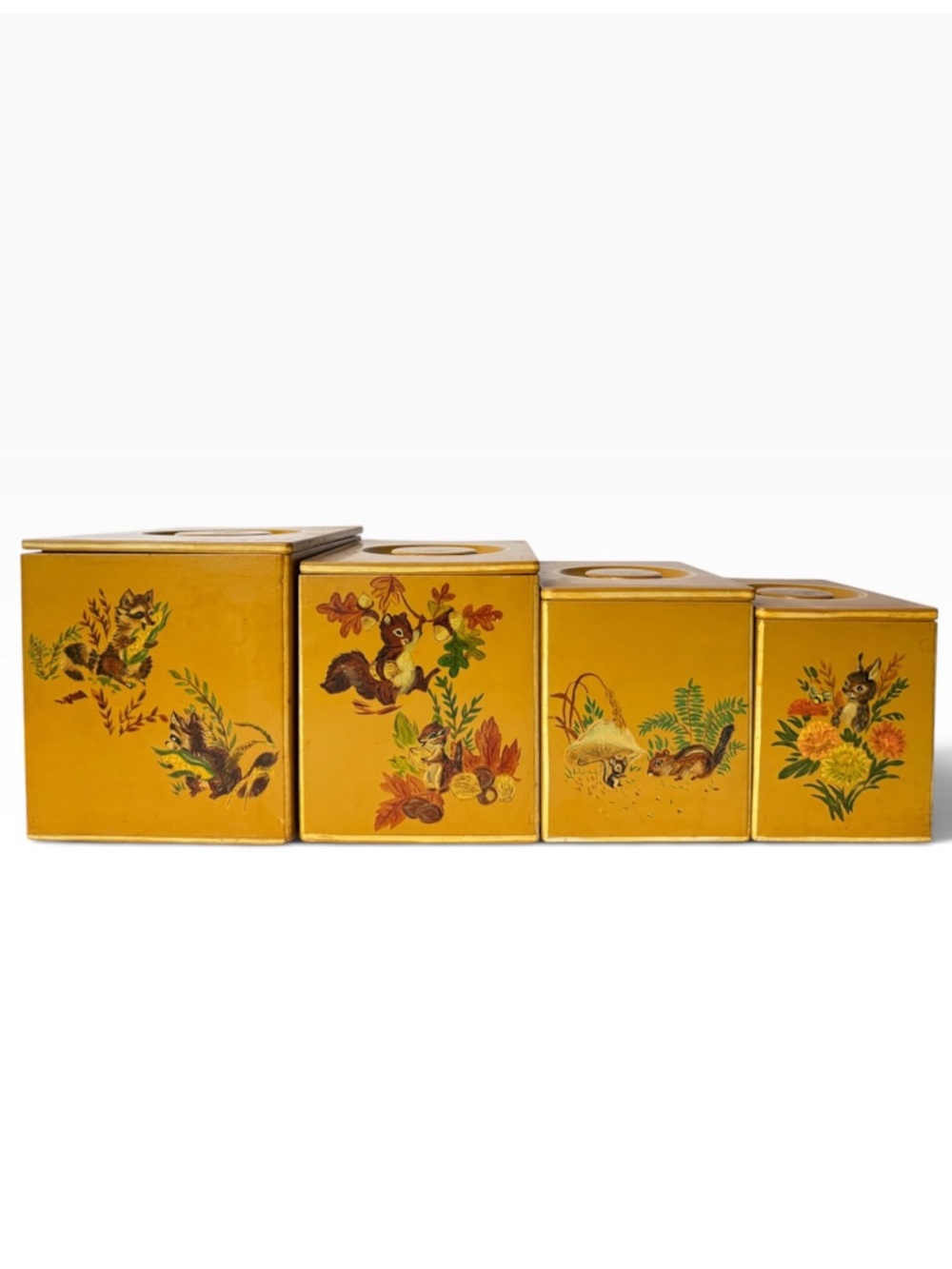 Vintage Woodland Animals Mushroom Hand Painted Wooden Kitchen Canisters 4 Pc Set